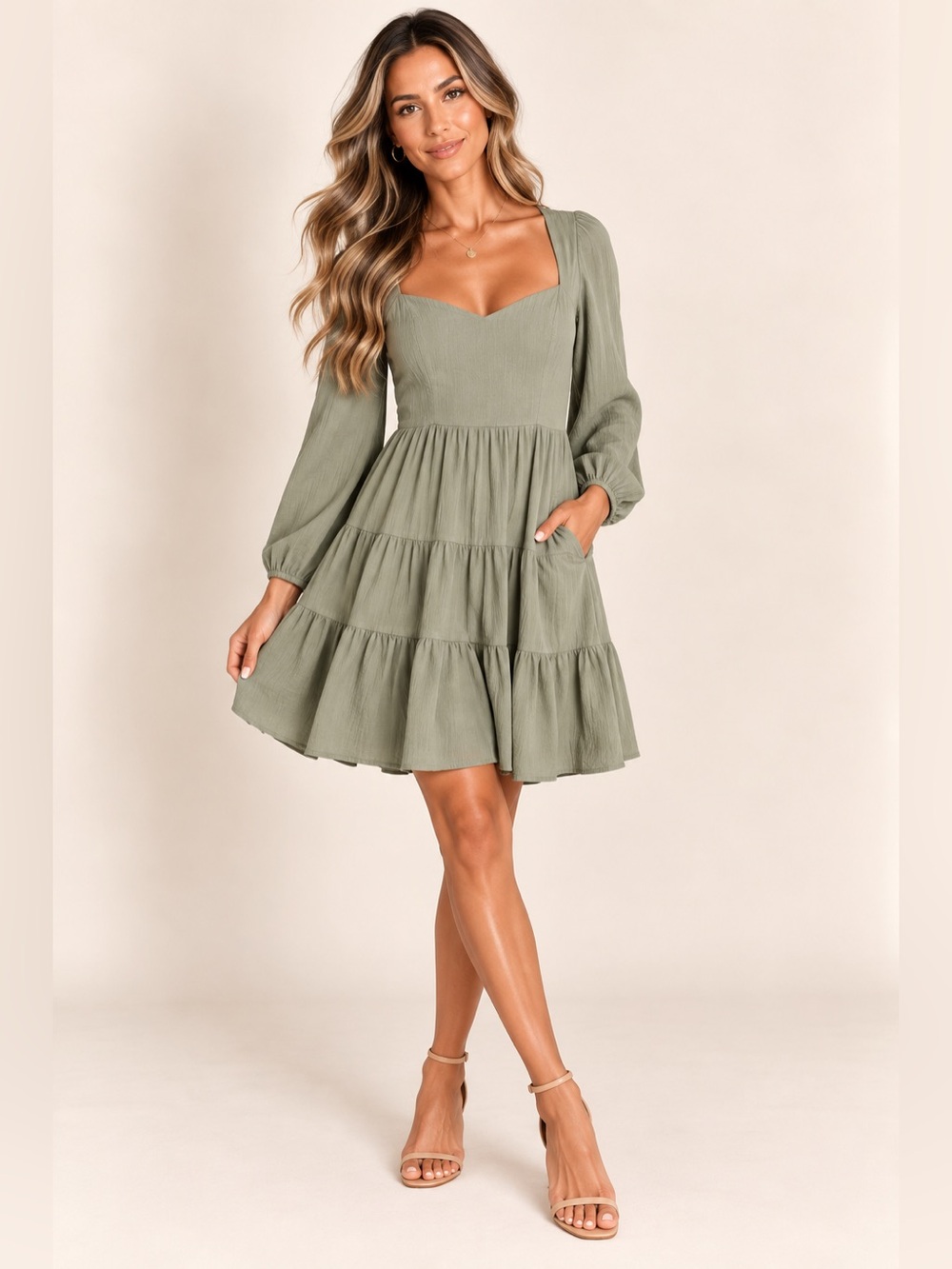 Shinestar Light Sage Green Long Sleeve Dress Open Back With Pockets Size L